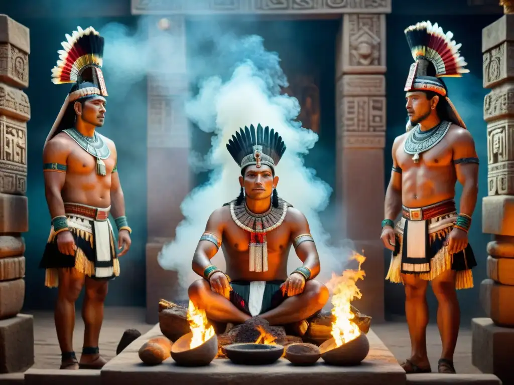 Ritos de purificación Aztecas: Sacerdotes en ceremonia alrededor de fuego sagrado en templo