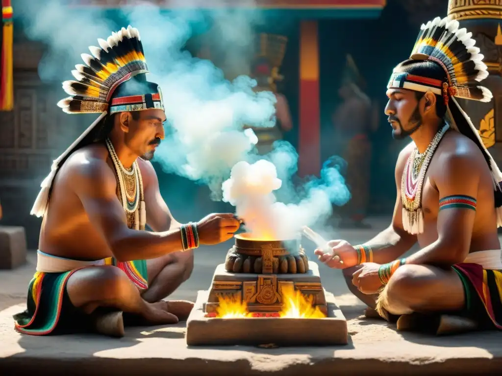 Ritos de purificación Aztecas: Detallada imagen de sacerdotes realizando una ceremonia ancestral en un templo vibrante