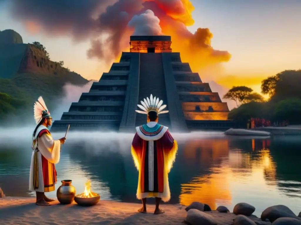 Ritos de purificación Aztecas en un lago al atardecer con sacerdotes y templo imponente