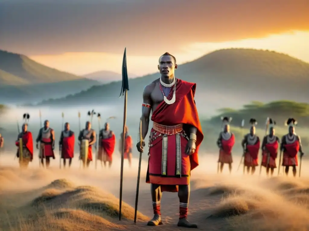 Ritos de pasaje tribus africanas: Maasai guerreros en atuendo tradicional, adornados con cuentas, con lanzas, al atardecer en la sabana africana