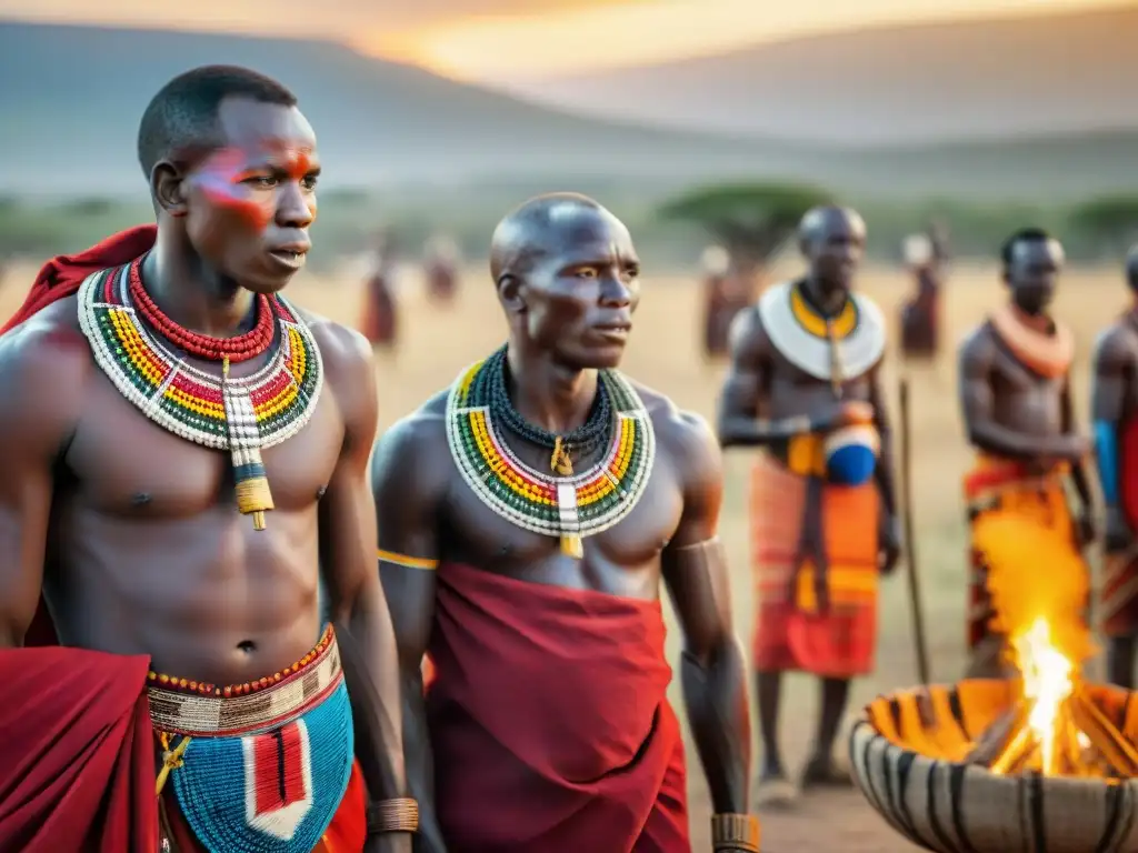 Ritos de pasaje tribus africanas: Ceremonia de iniciación Masai al atardecer en la sabana