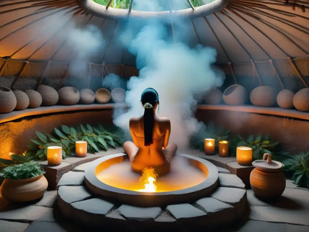 Un ritual ancestral de limpieza espiritual en un temazcal maya, con participantes meditando en un baño de vapor