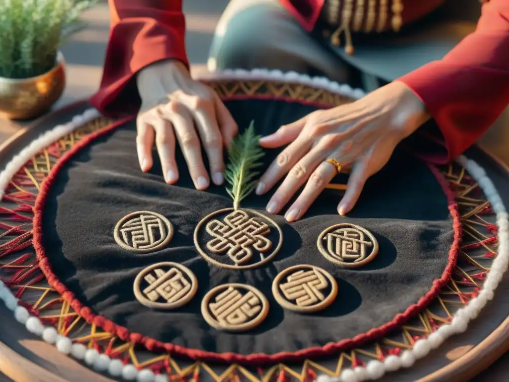 Un ritual ancestral: manos lanzando tallos de milenrama sobre tapete de I Ching arte chino adivinación