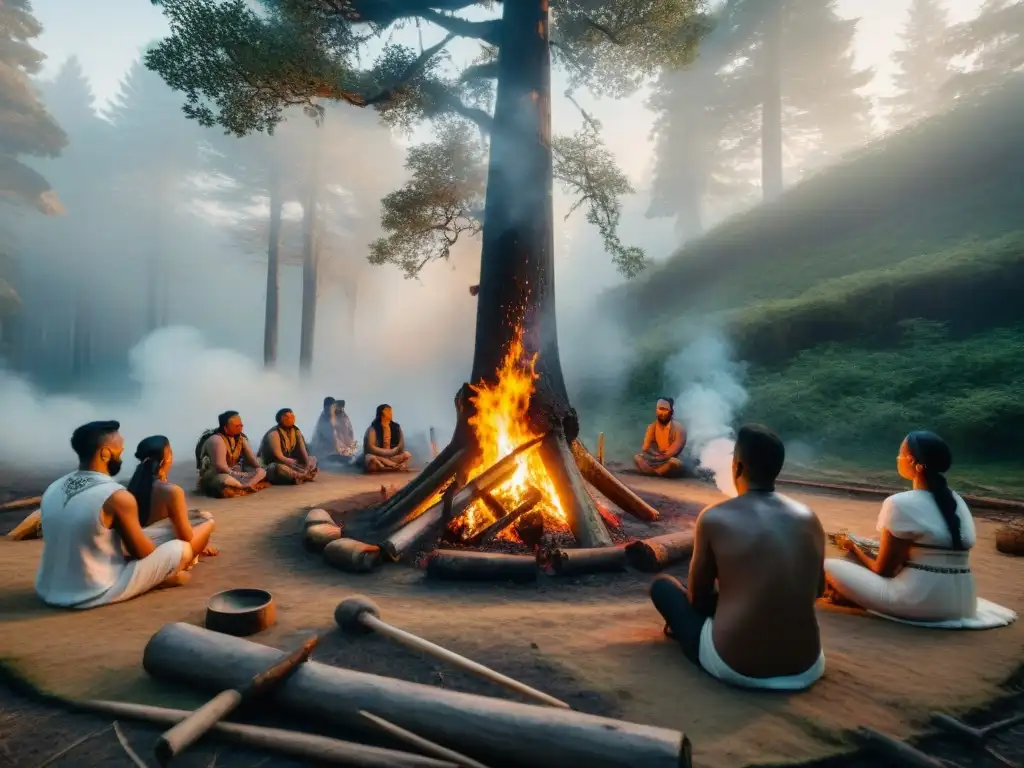 Un ritual antiguo en el bosque: individuos alrededor de una fogata, con vestimenta ceremonial y herramientas chamánicas