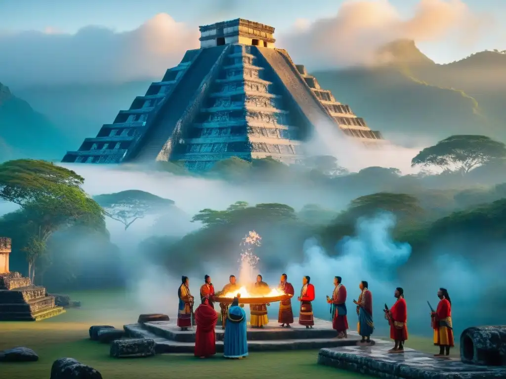 Ritual antiguo en templo maya al amanecer, colores vibrantes y conexión espiritual en la atmósfera