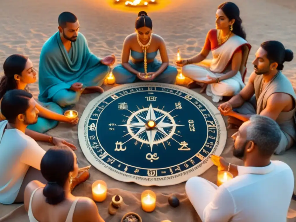 Un ritual de astrología védica entre individuos, con velas encendidas y la luz del sol