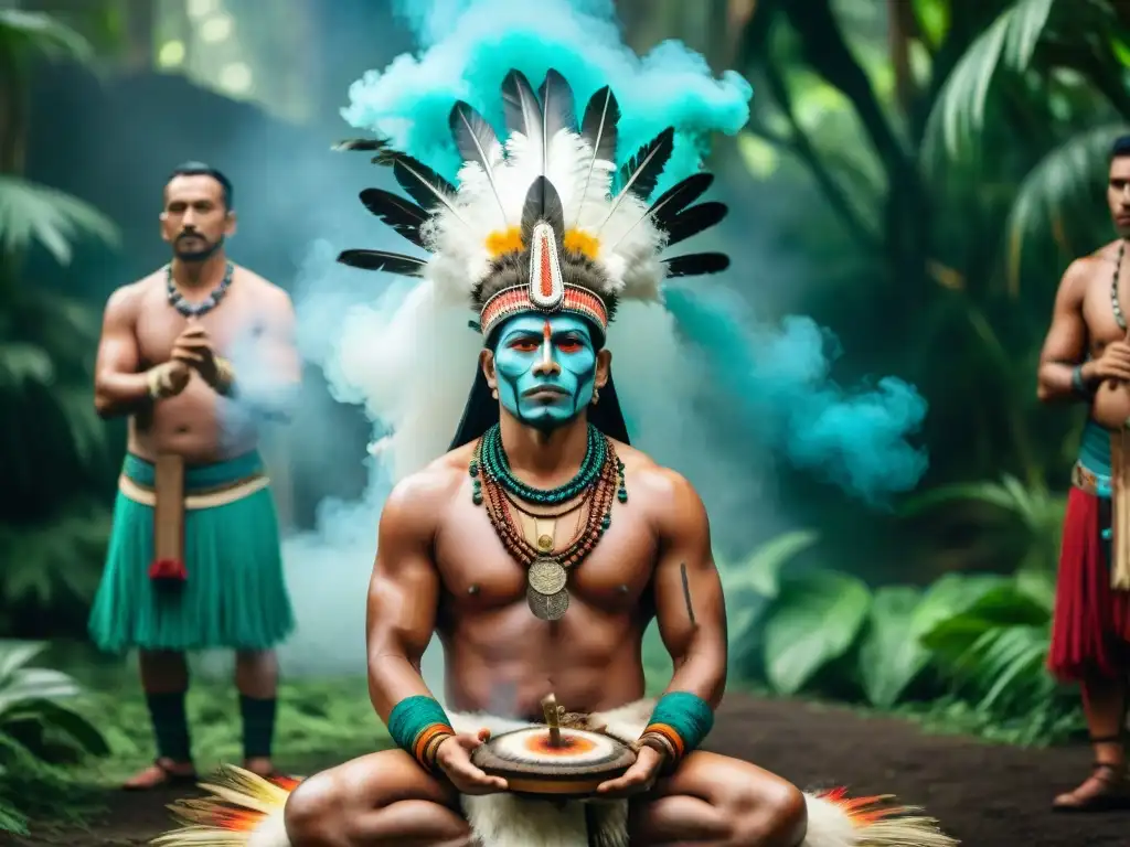 Ritual chamánico en civilización precolombina con músicos y danzantes en selva tropical