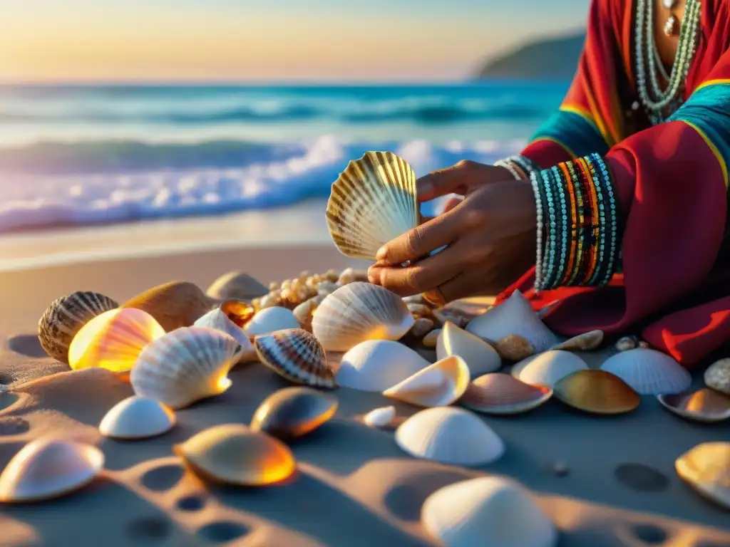 Shamán realiza ritual con conchas marinas al amanecer en playa - Orígenes adivinación conchas marinas