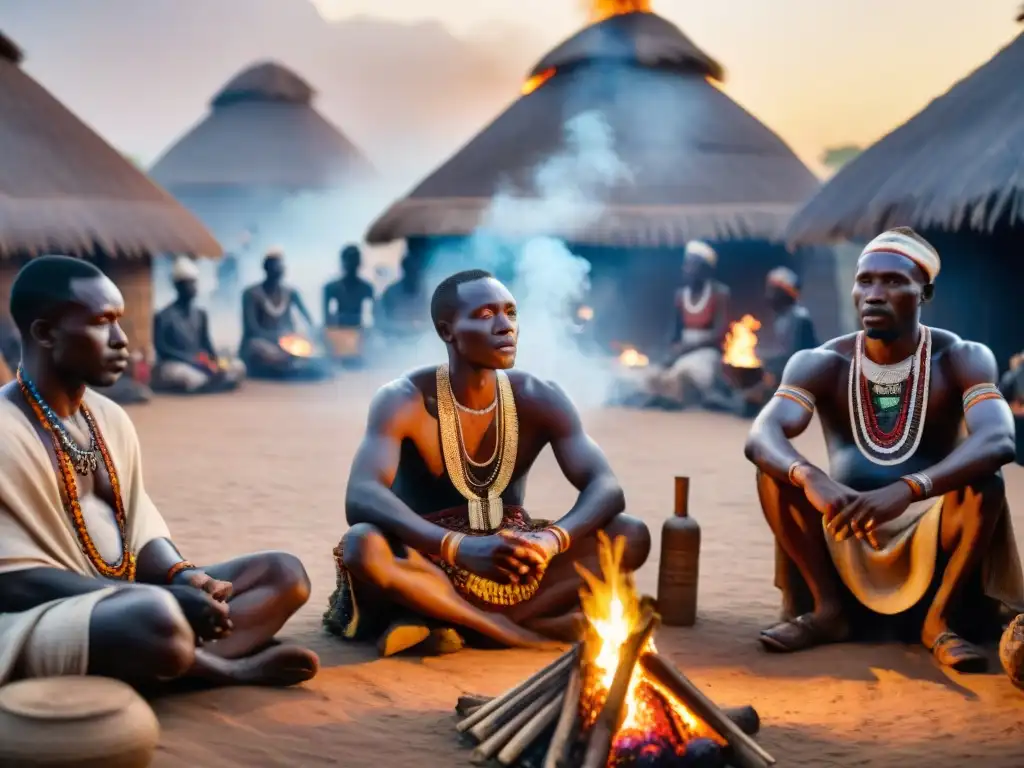 Ritual de culto a ancestros en aldea africana al anochecer, con ancianos en vestimenta tribal