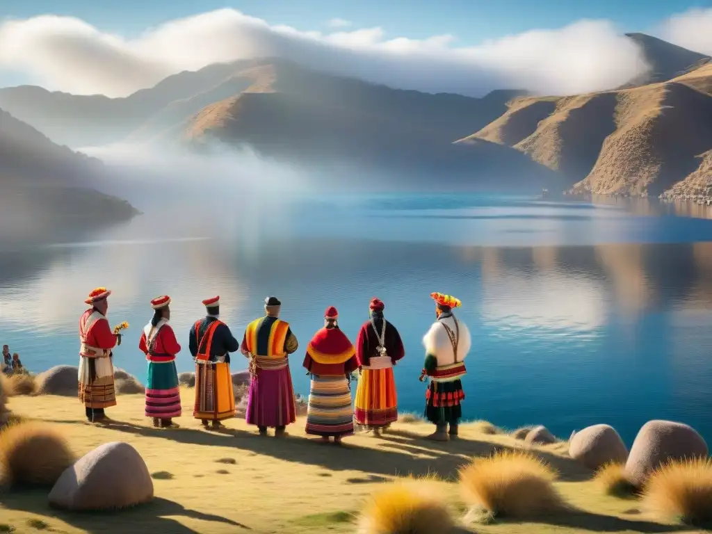 Un ritual espiritual Andino en el místico Lago Titicaca con participantes en atuendos tradicionales, rodeados de montañas Andinas al atardecer