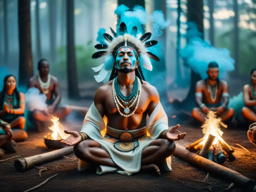 Un ritual de iniciación alquímico espiritual en un bosque oscuro, donde un chamán danza entre humo y símbolos místicos