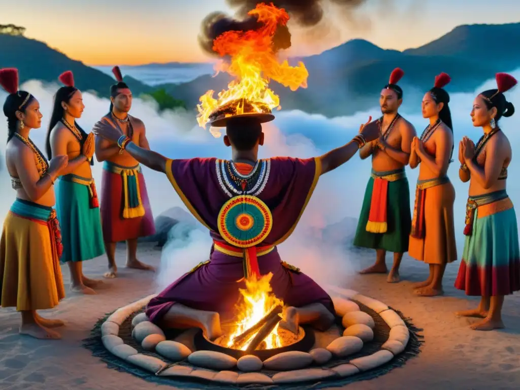 Un ritual de fuego maya al anochecer: chamán, llamas y colores vibrantes se funden en una danza sagrada