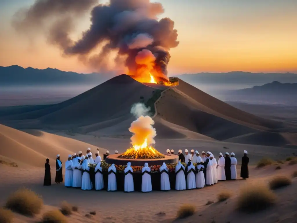 Un ritual fúnebre zoroastriano al amanecer en el desierto