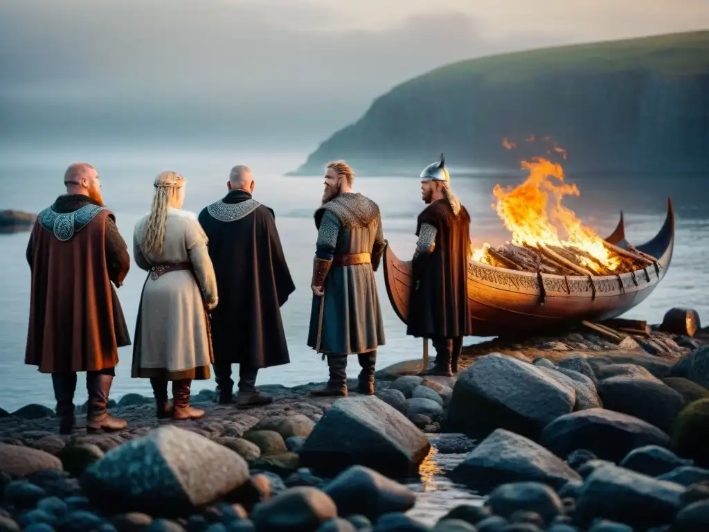 Un ritual funerario vikingo en una costa rocosa al atardecer: un barco en llamas y siluetas de dolientes