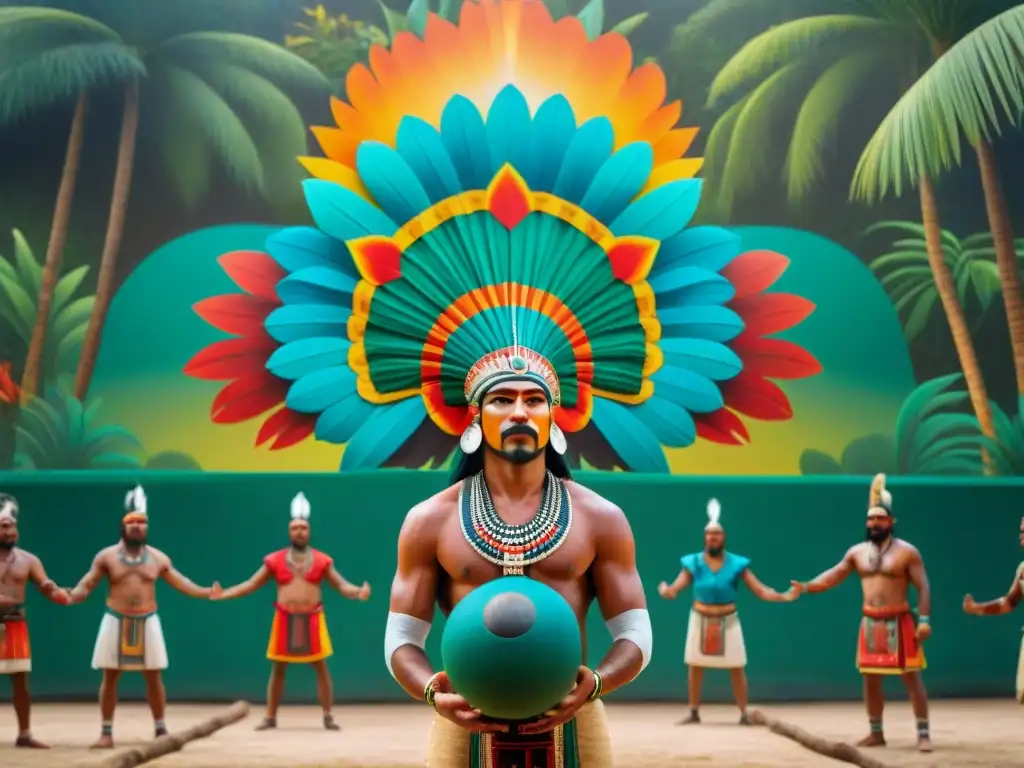 Ritual del juego de pelota mesoamericano: vibrante mural de jugadores en acción, rodeados de espectadores en una selva exuberante