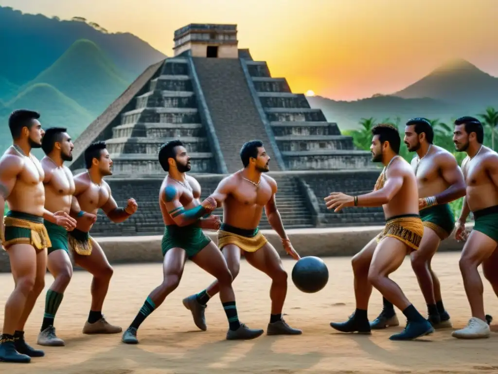 Ritual juego de pelota mesoamericano: Escena vibrante de jugadores en un antiguo juego de pelota rodeados de selva y pirámides al atardecer