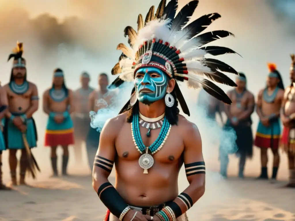 Un chamán azteca realiza un ritual de purificación junto a una fogata, rodeado de humo y símbolos místicos en la arena