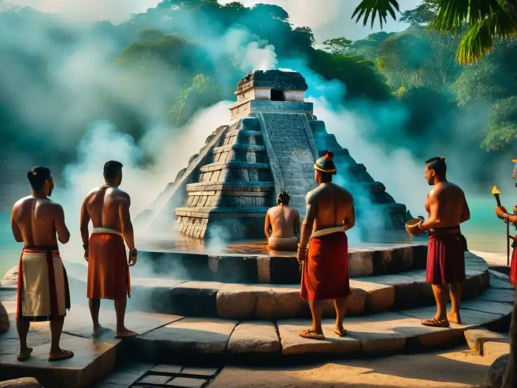 Ritual de limpieza espiritual en temazcal maya con baños de vapor y símbolos místicos