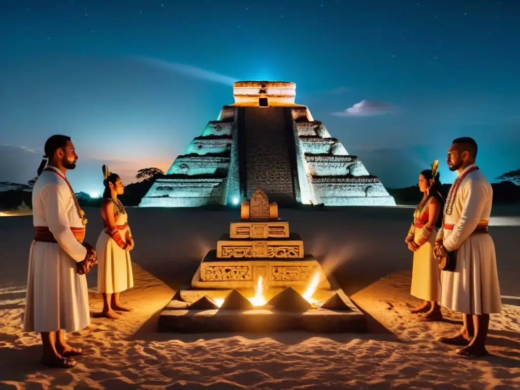 Un ritual maya ancestral con sacerdotes en atuendos ceremoniales alrededor de un altar de piedra