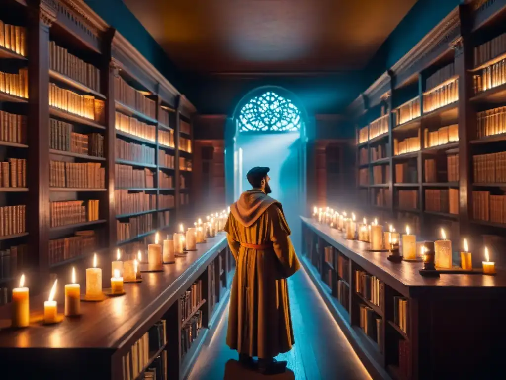 Un ritual misterioso en una biblioteca antigua, iluminada por velas