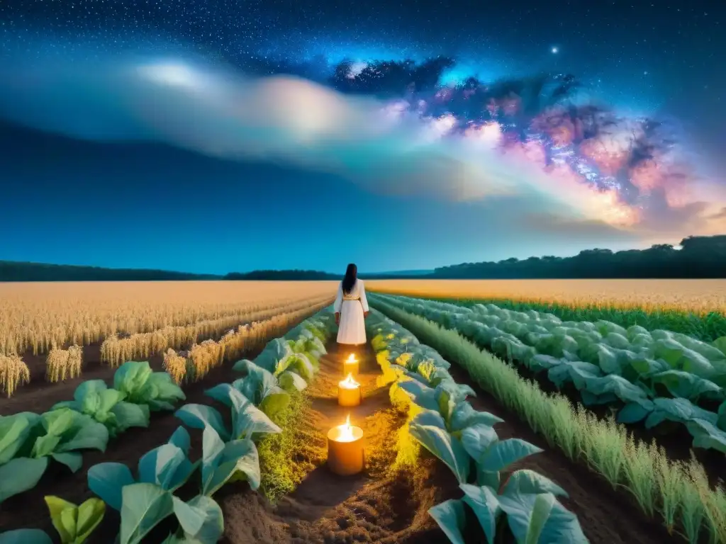 Un ritual místico bajo un cielo estrellado en un campo de cultivo exuberante