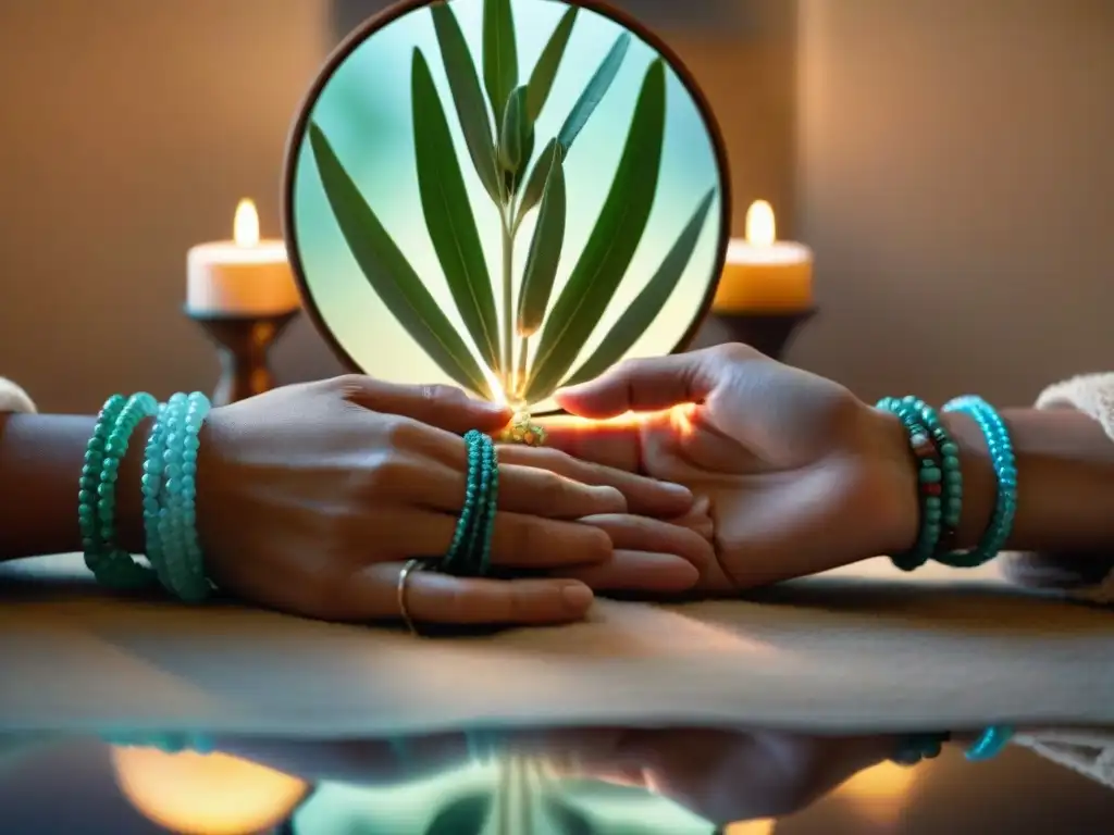 Un ritual místico de limpieza con salvia sobre un espejo pulido, reflejando luz de velas