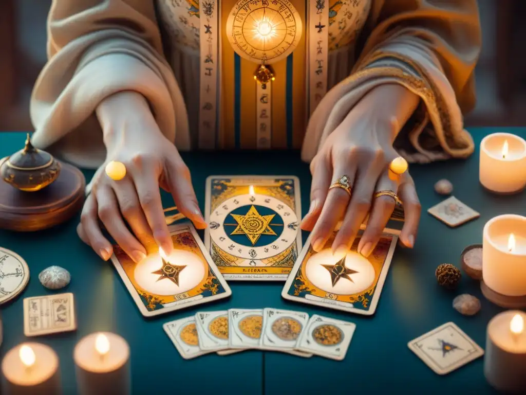 Un ritual místico: manos que barajan el Tarot bajo la luz de las velas, rodeadas de astros