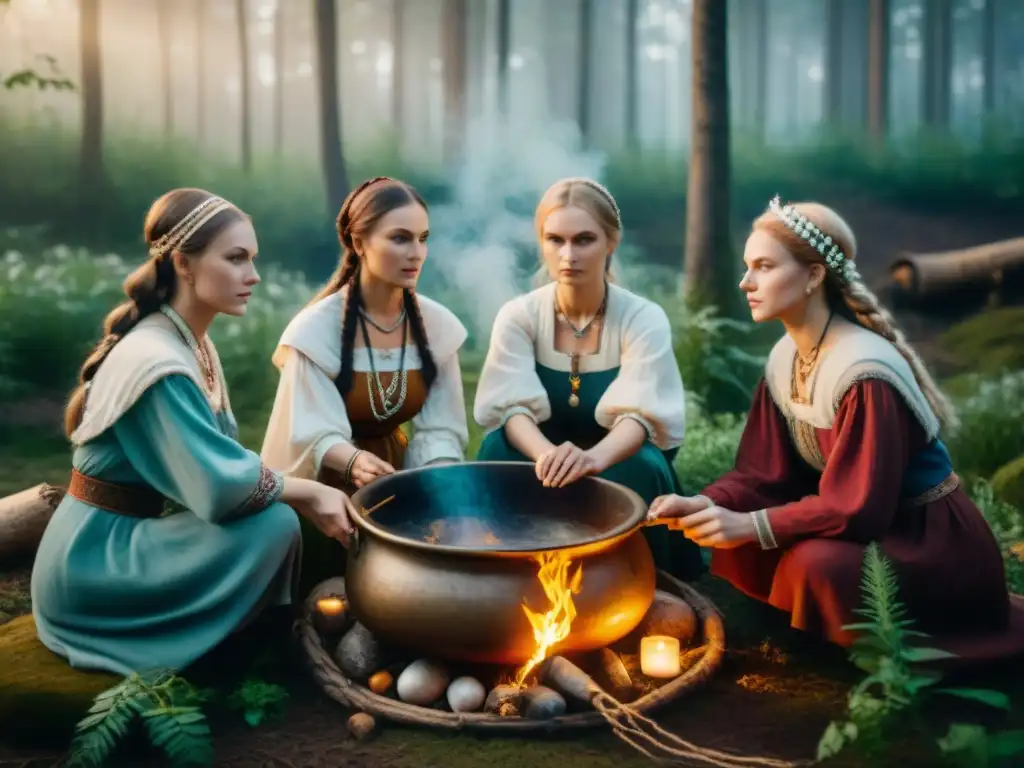 Misterioso ritual de mujeres eslavas en el bosque Un ritual místico de mujeres eslavas en la naturaleza con medicina y magia