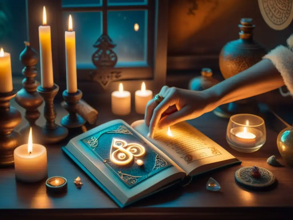 Un ritual místico de numerología para atraer buena suerte, con velas, cristales y cartas tarot en una mesa iluminada