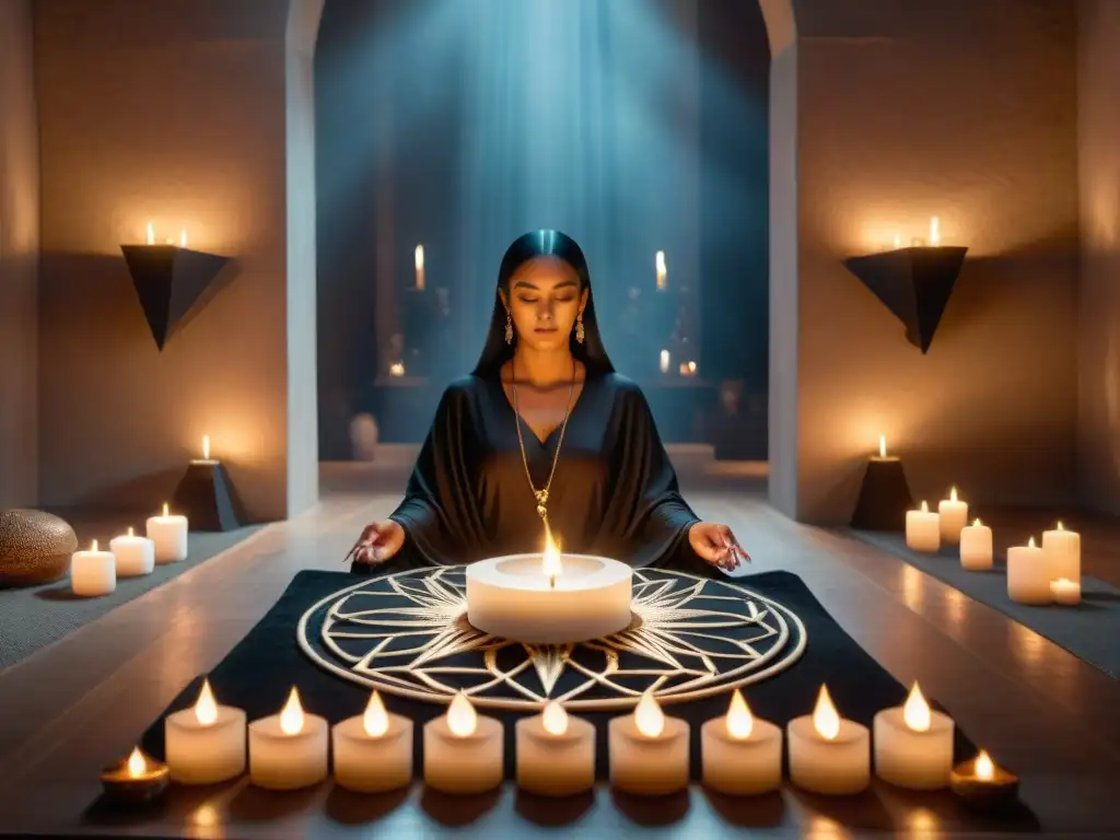 Un ritual místico con shungita en ambiente tenue iluminado por velas