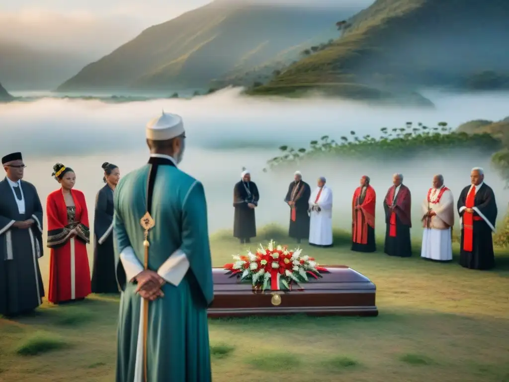 Un ritual de muerte en culturas diversas, con personas de diferentes culturas participando en una ceremonia tradicional