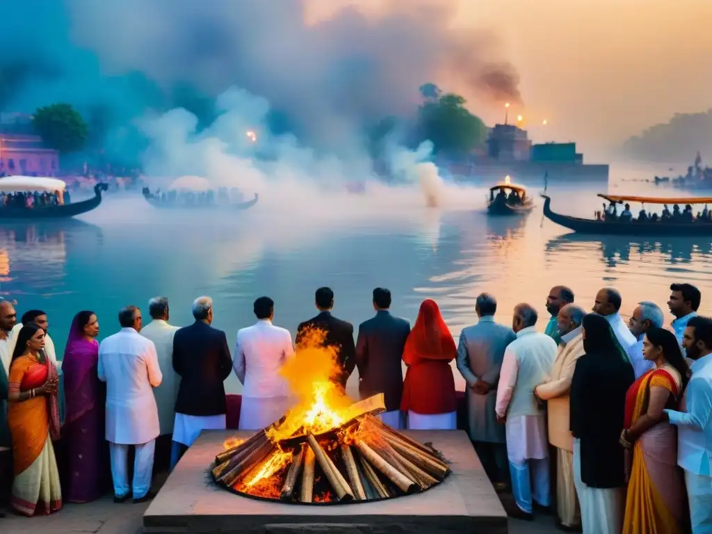 Un ritual de muerte en Varanasi, India: familia en luto frente a la pira funeraria, en la orilla del Ganges al amanecer