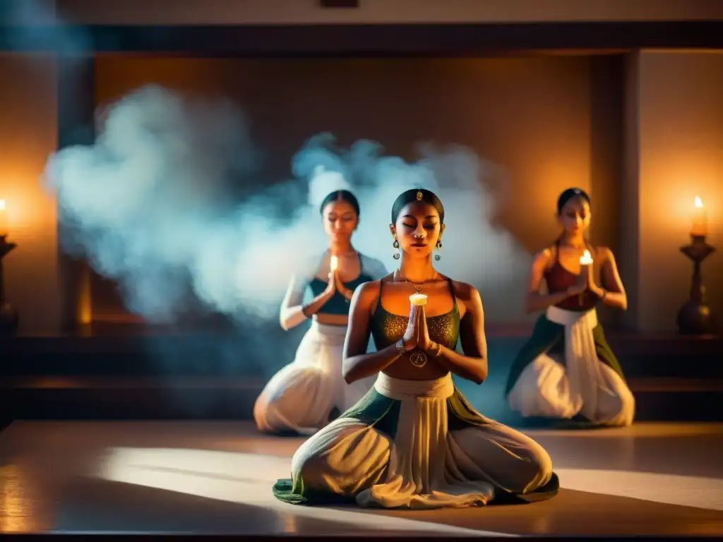 Un ritual de meditación con música y danzas en una habitación iluminada por velas