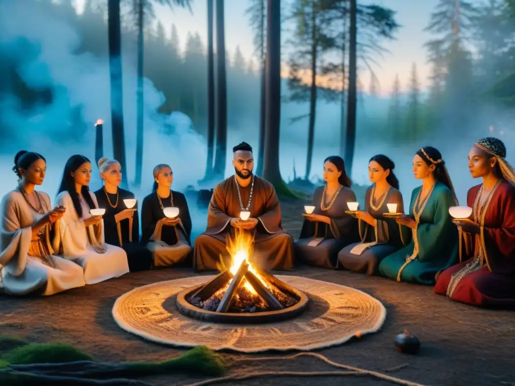 Un ritual neopagano en un bosque, con participantes en túnicas, velas y cristales