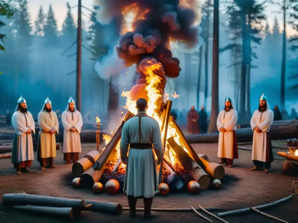 Ritual pagano eslavo en bosque místico al atardecer, con grupo vestido tradicionalmente alrededor de fogata