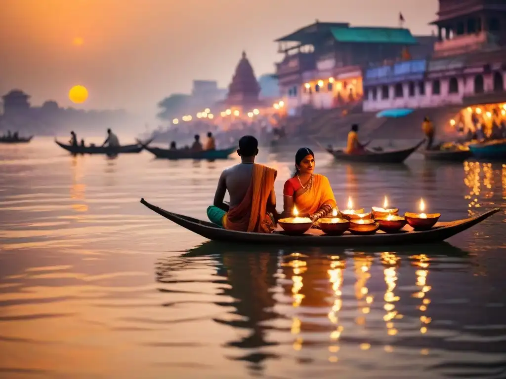 Un ritual hindú en el río Ganges al atardecer en Varanasi, India, reflejando la filosofía hindú de reencarnación y karma