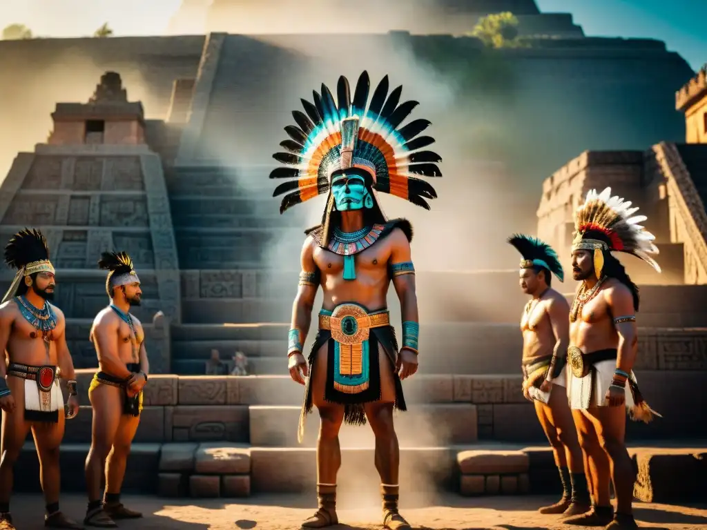 Un ritual de sacrificio humano en un templo azteca al atardecer