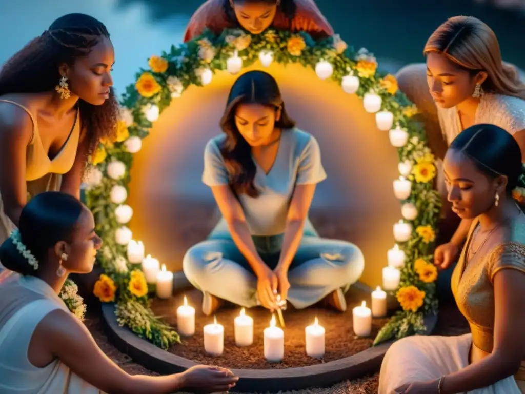 Ritual sagrado femenino: círculo de mujeres empoderadas al atardecer con velas y flores