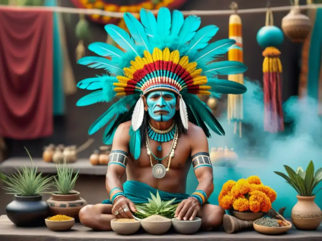 Un chamán azteca realiza ritual de sanación rodeado de hierbas y herramientas en mercado de Tenochtitlan