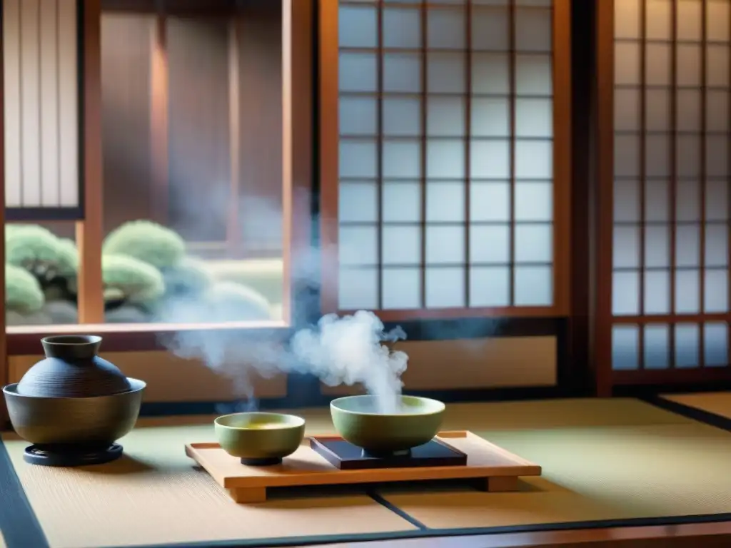 Ritual tranquilo de té japonés en sala tatami