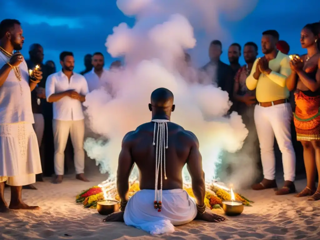 Un ritual vibrante de Vodou bajo el cielo nocturno, con devotos vestidos de blanco y collares coloridos, rodeados de velas