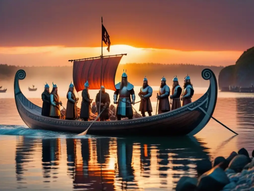 Un ritual vikingo de entierro en un atardecer ardiente, con símbolos y adornos intrincados en un barco rodeado de figuras solemnes con antorchas