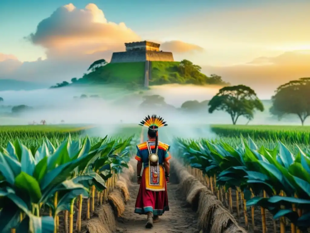 Rituales ancestrales en un campo de maíz al atardecer en Mesoamérica