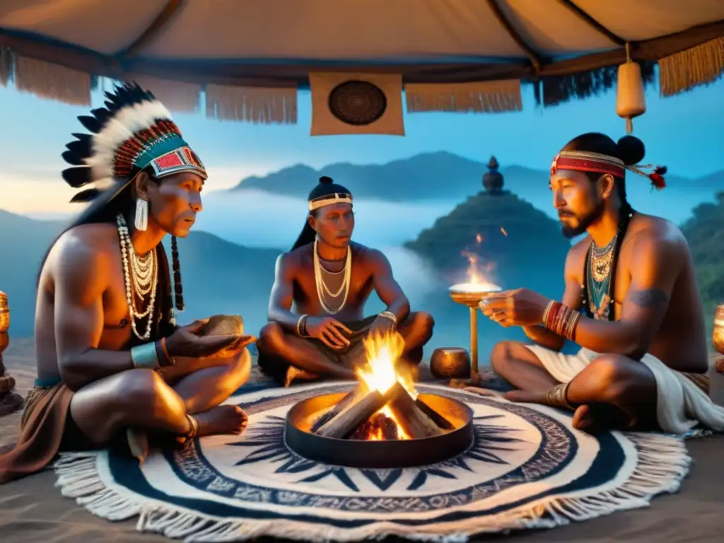 Rituales de adivinación ancestrales: Shamans en mística conexión con el fuego y artefactos sagrados bajo el cielo estrellado