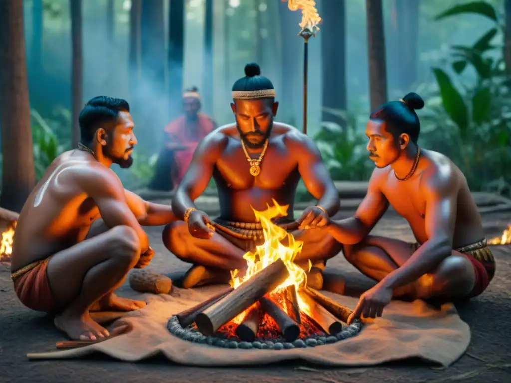 Rituales ancestrales de fuego en tribu, con sabiduría transmitida entre generaciones en un hermoso bosque