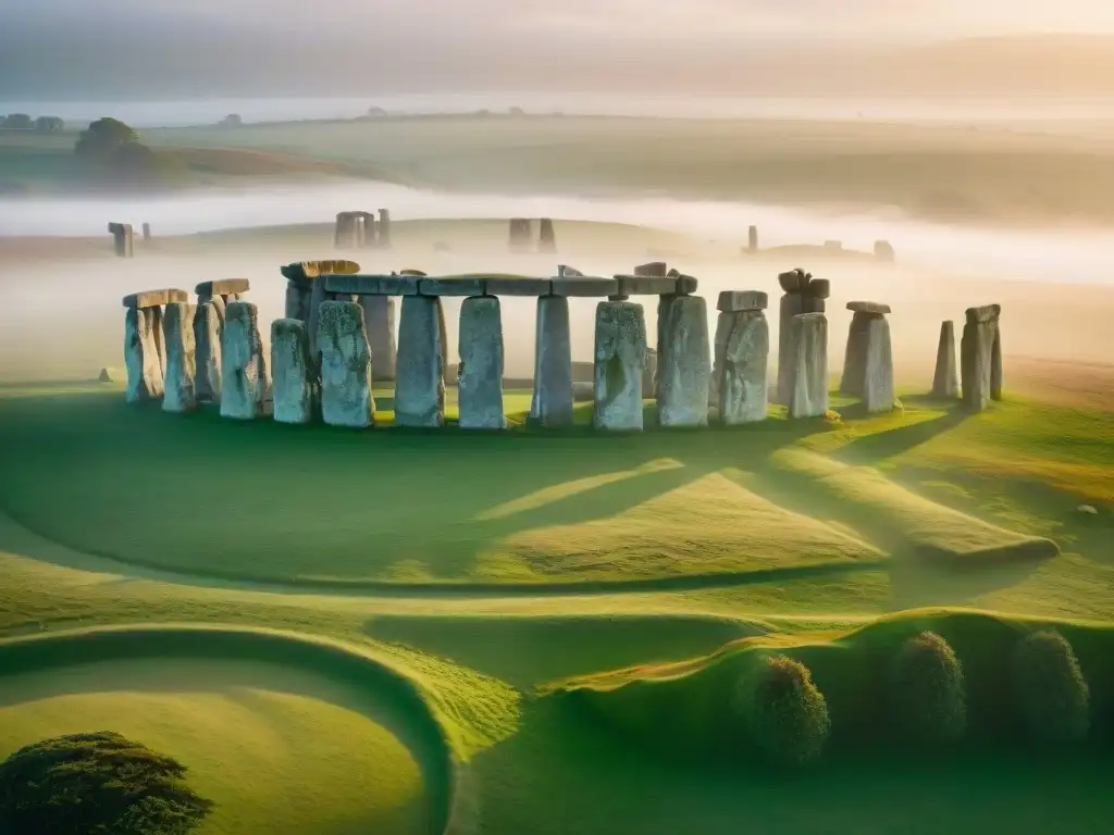 Rituales ancestrales en Stonehenge: Monumento antiguo entre neblina matutina y paisaje verde