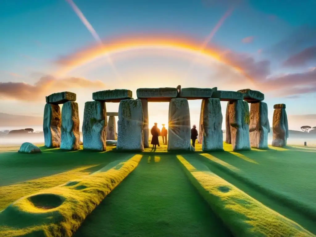 Rituales ancestrales en Stonehenge: amanecer del solsticio de invierno con personas vestidas de época en ceremonia