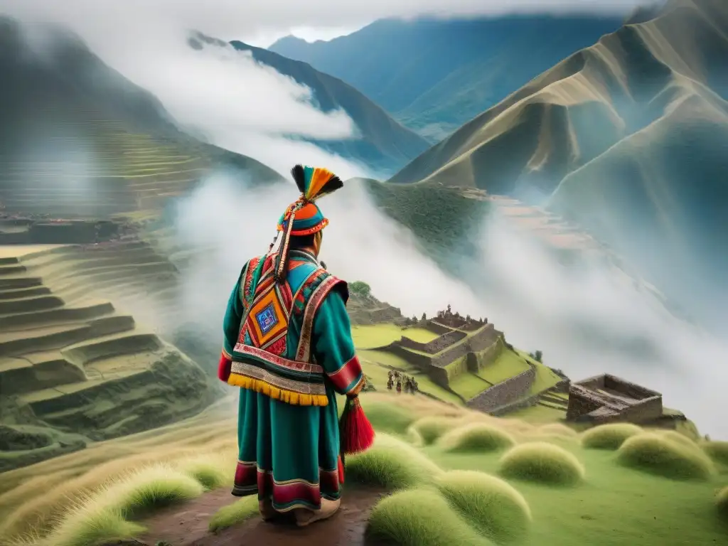 Rituales andinos para propiciar lluvia: Grupo Quechua en ritual bajo la niebla de una montaña, con chamanes, colores y símbolos ancestrales