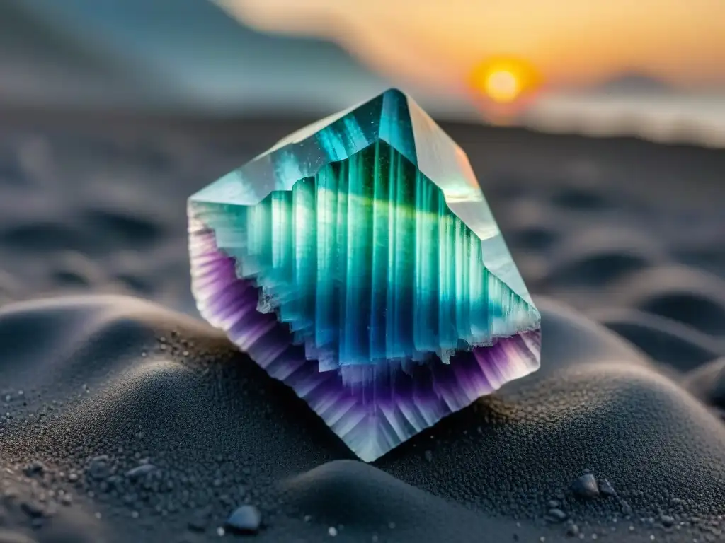 Fluorita en rituales antiguos: Cristal de fluorita con patrones geométricos en morado, verde y azul sobre arena negra brillante