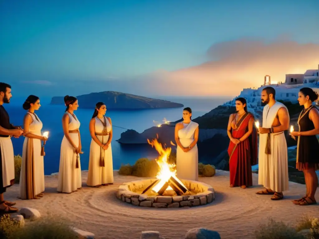 Misterioso ritual de iniciación en la antigua Grecia Rituales de iniciación en arte antiguo: Grupo en círculo con atuendos griegos, bajo antorchas en la noche